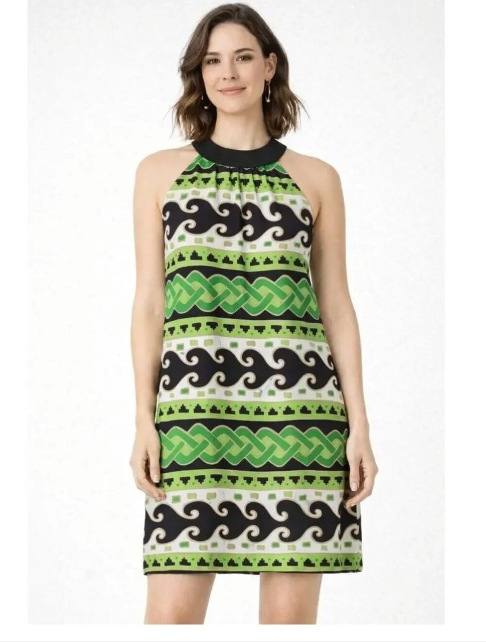 Milly Silk Halter Dress Green Black Womens Size 6 Retro Shift Abstract Geometric
